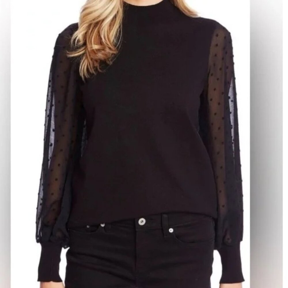CeCe Black Mock Neck Sweater with Textured Balloon Sleeves XS
